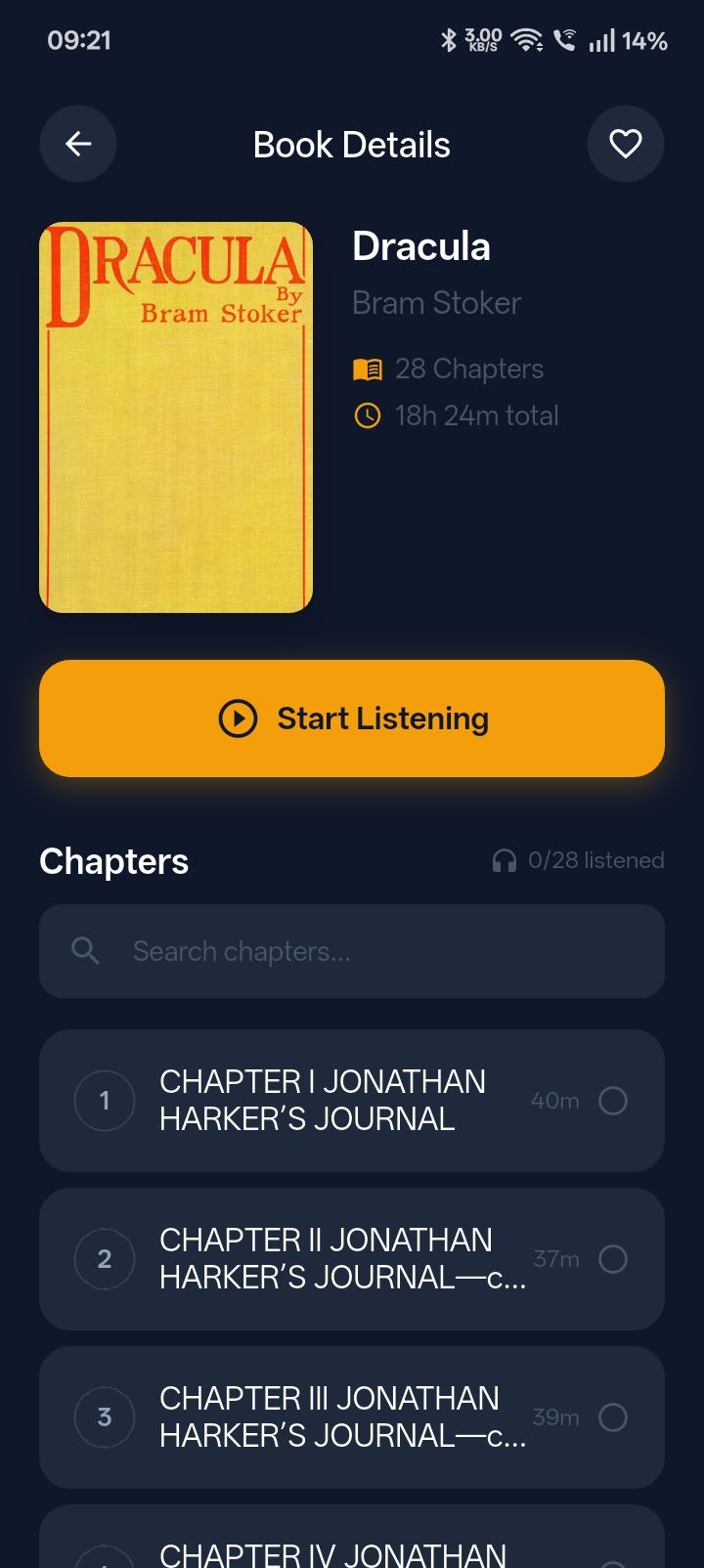Eist app book details screen showing chapter list, cover thumbnail, and voice selection options for the imported EPUB